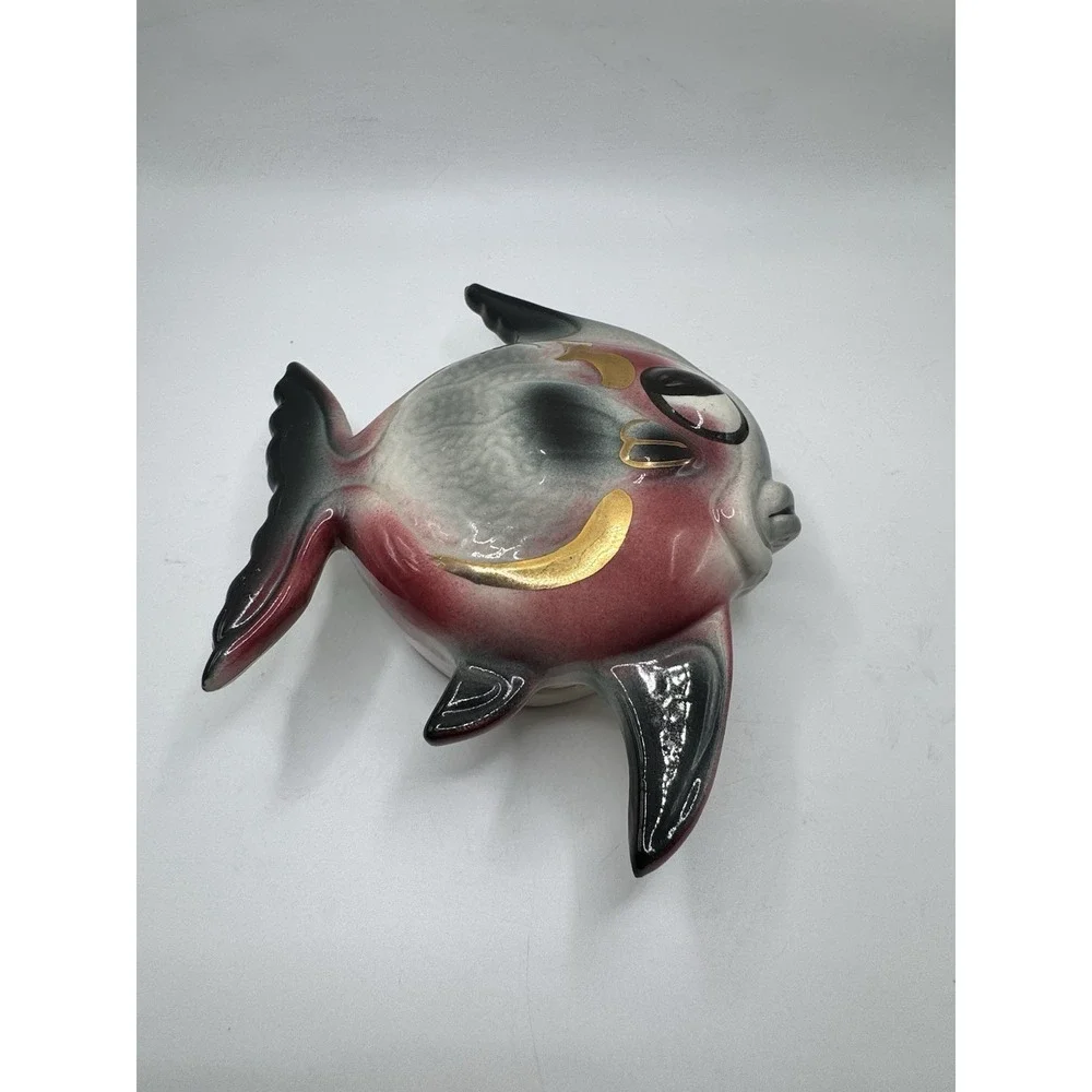 Vtg 1950 MCM Fish Wall Pocket Anthropomorphic Maroon Black Gold Planter Ceramic
